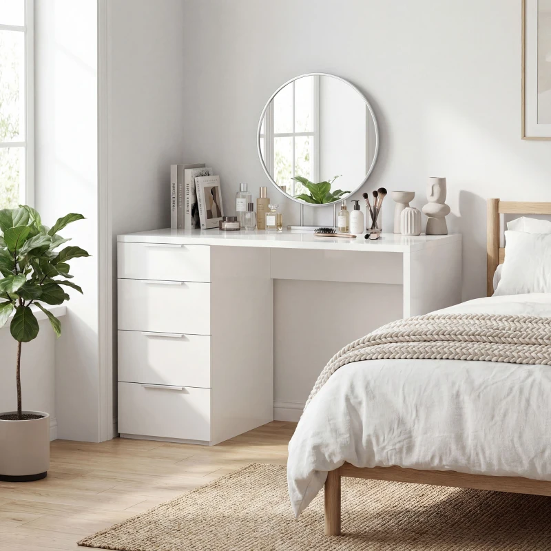 HOMCOM Bureau d'ordinateur à haute brillance avec 4 tiroirs, 110 x 60 cm, bureau avec rangement, style moderne, blanc