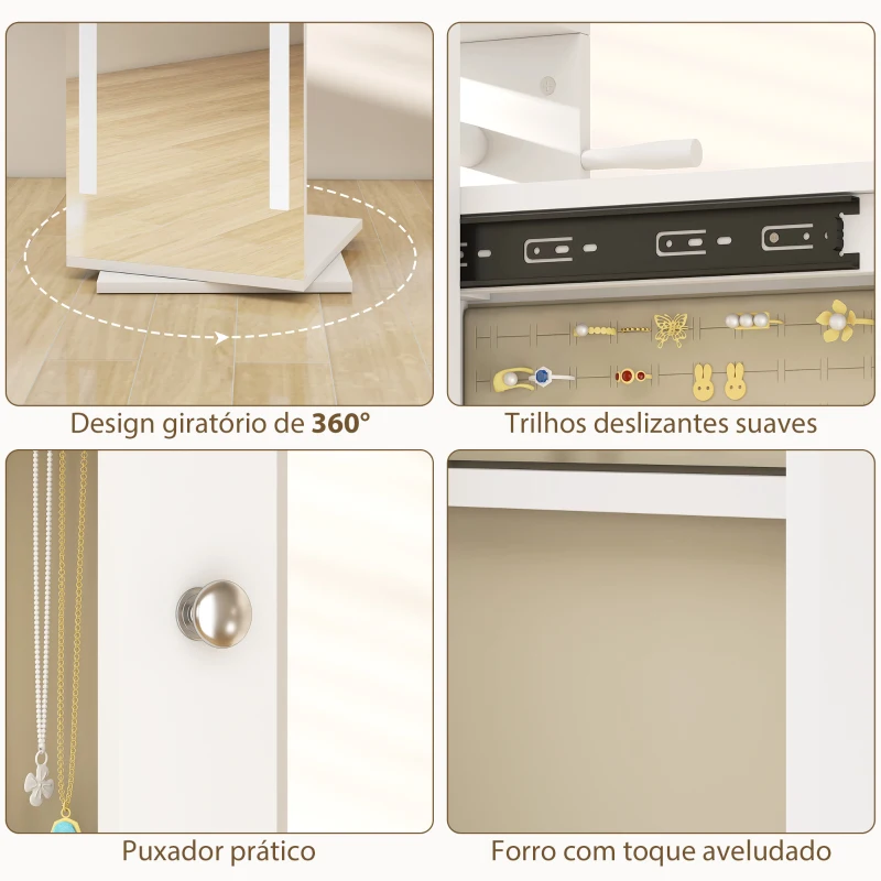 HOMCOM Espelho para Jóias com Luzes LED Espelho de Corpo Inteiro Rotativo 360° Prateleiras Abertas Barras para Pendurar Branco