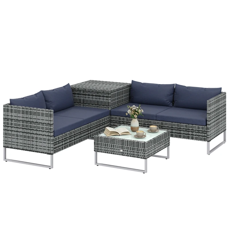 Outsunny 4 Piece Rattan Garden Furniture Set, Outdoor Corner Sofa Set with Storage Table, Loveseats, Cushions - Dark Blue