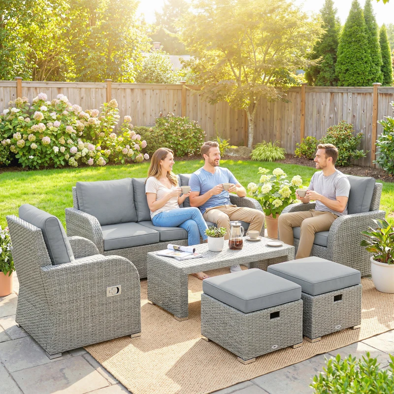 Outsunny Six-piece Rattan Garden Furniture Set with Reclining Armchairs - Dark Grey
