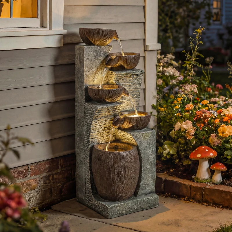Outsunny Outdoor Fountain with 5-Tier, Garden Fountain with LED Lights, Adjustable Flow, Grey and Rustic Brown
