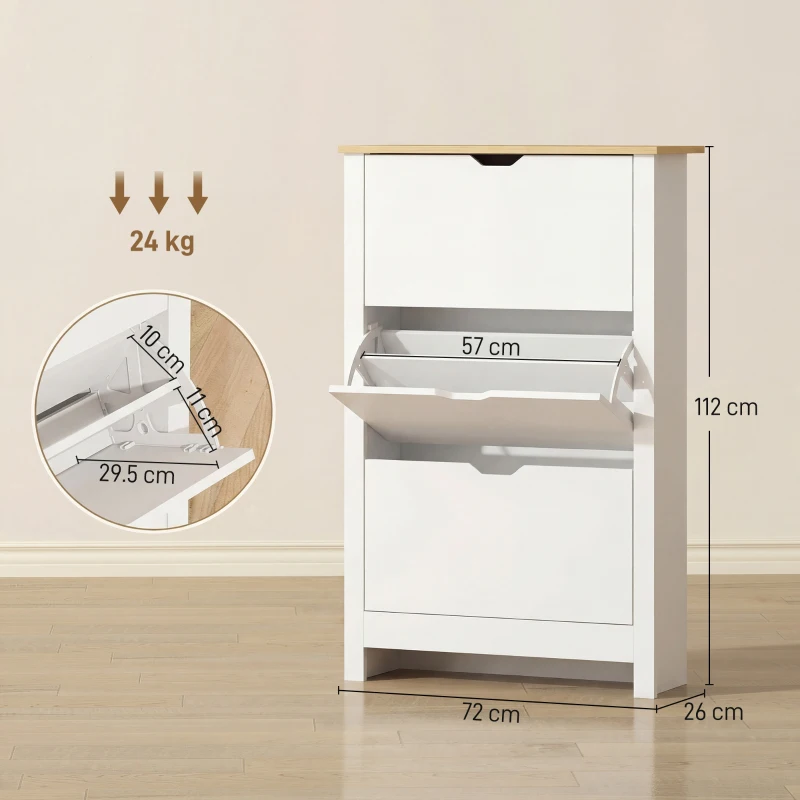 HOMCOM Dulap pentru Pantofi Slim pentru 18 Perechi de Pantofi, 3 Sertare cu 2 Rafturi Reglabile și Detasabile, 72x26x112 cm, Alb