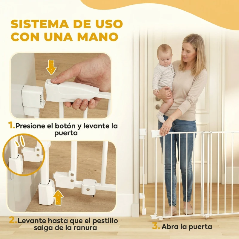 PawHut Barrera de Seguridad para Perros 74,5-111,5 cm Puerta para Perros para Escaleras con Pestillo Cierre Automático Blanco