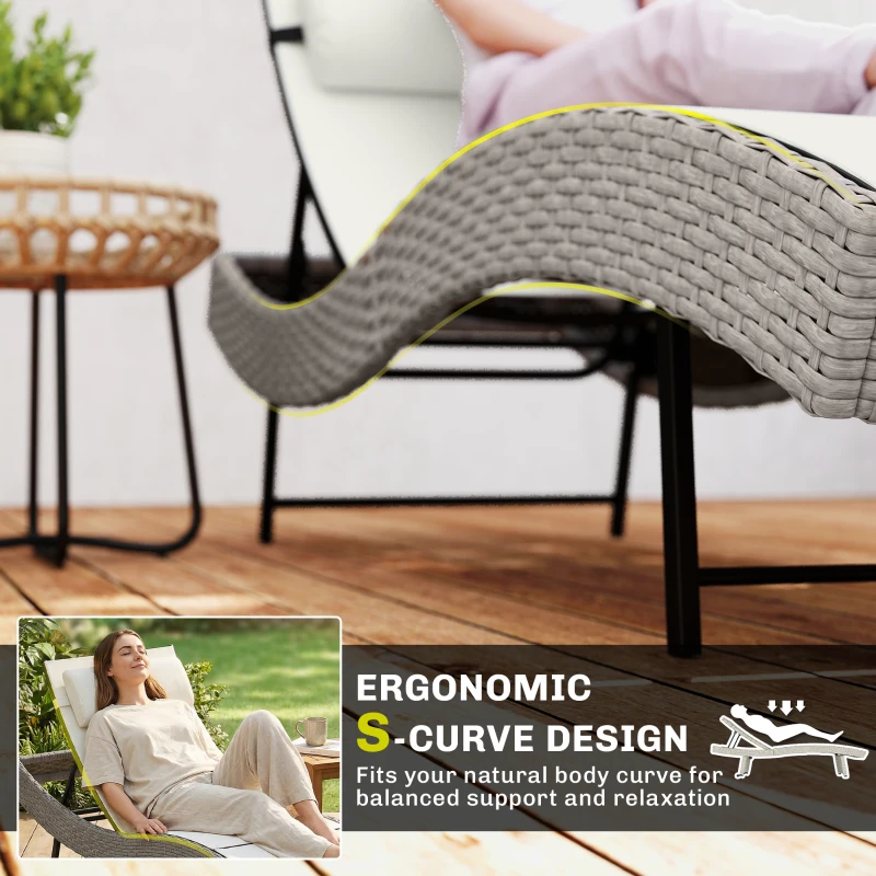 Outsunny Rattan Sun Lounger, Garden Recliner with 5 Position Adjustable Back, S Shaped Texteline Seat, Headrest, Cream White