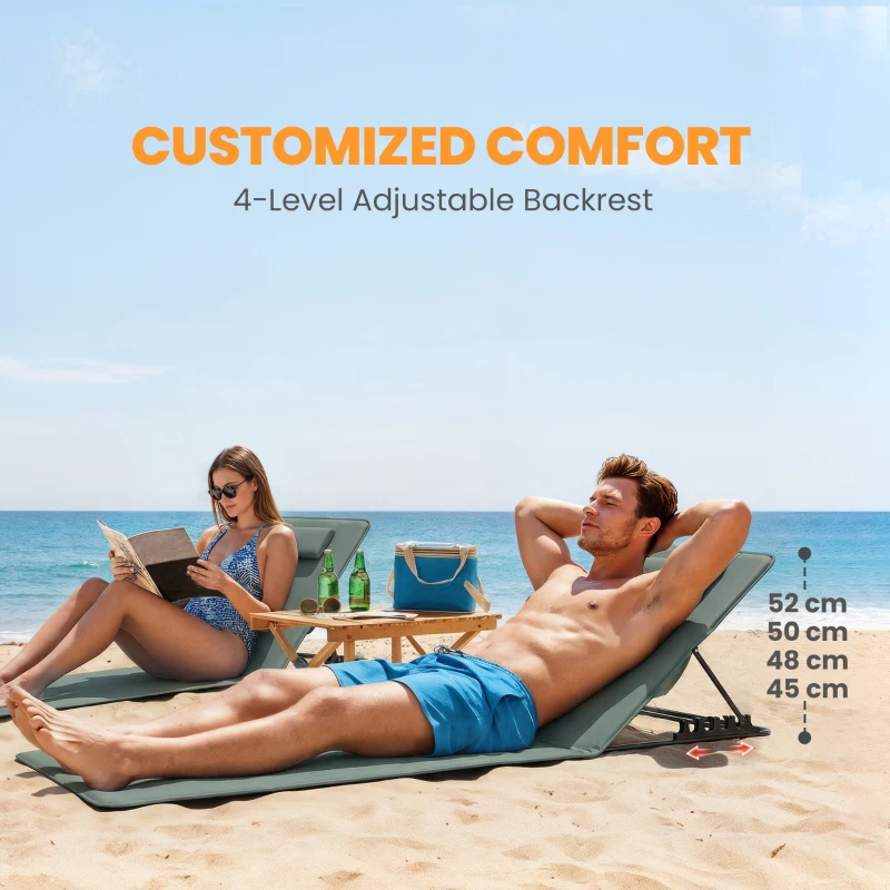 Outsunny Foldable Sun Loungers Set of 2, Portable Folding Beach Lounger with 4-level Adjustable Backrest, Grey