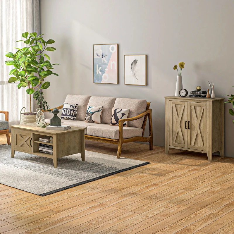 HOMCOM Ensemble de table basse et buffet de cuisine style rural chic multi-rangement - en Bois Aspect chêne