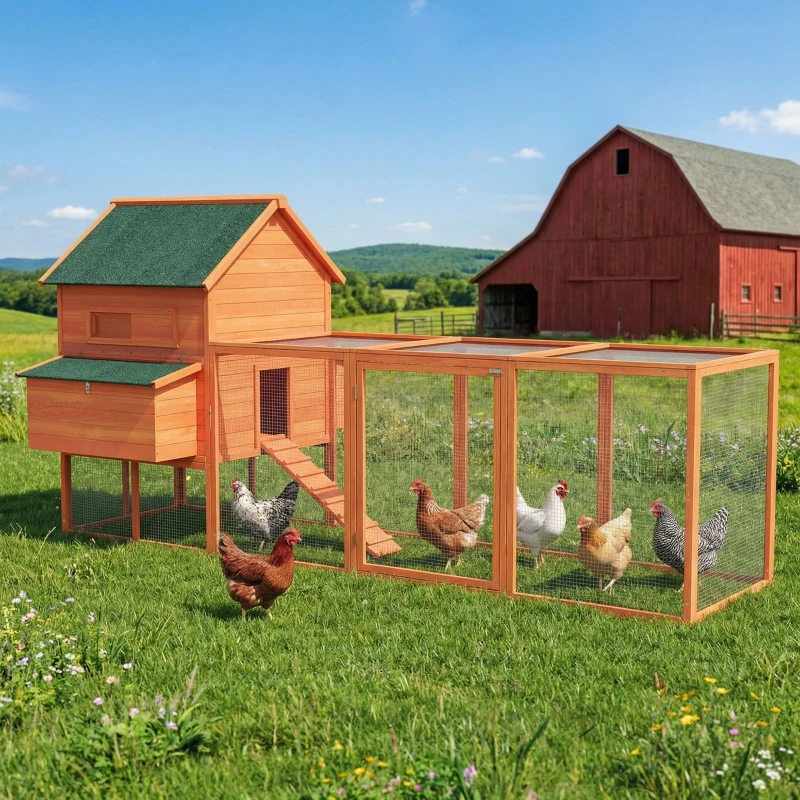 PawHut Gallinero de Madera Grande Exterior con 2 Nidos Corral Techo Asfáltico Bandeja Extraíble y Rampa 347x160x150 cm Naranja