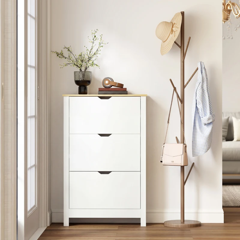 HOMCOM Mueble Zapatero Blanco Armario Zapatero Alto con 3 Cajones Abatibles para 18 Pares de Zapatos 72x26x112 cm Blanco
