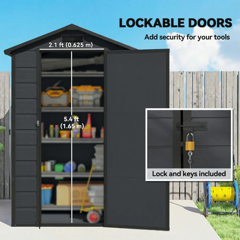 Outsunny 4 x 3 ft Plastic Garden Shed with Floor, Outdoor Storage Shed with Lockable Door, Window and Vent, Dark Grey
