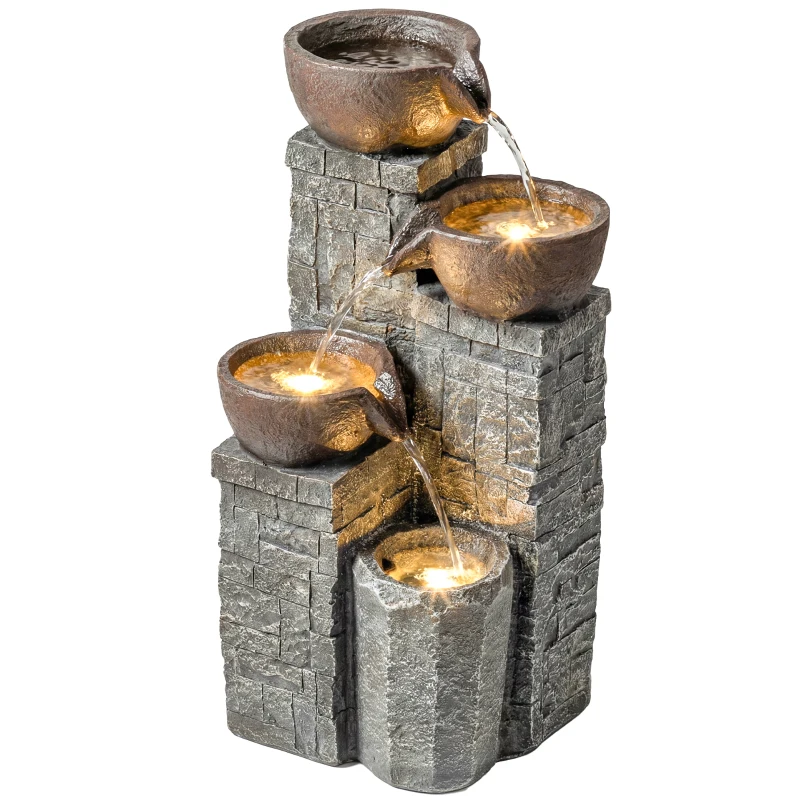 Outsunny 4-Tier Outdoor Fountain, Cascading Waterfall, Garden Fountain with LED Lights, Adjustable Flow, Grey and Rustic Brown