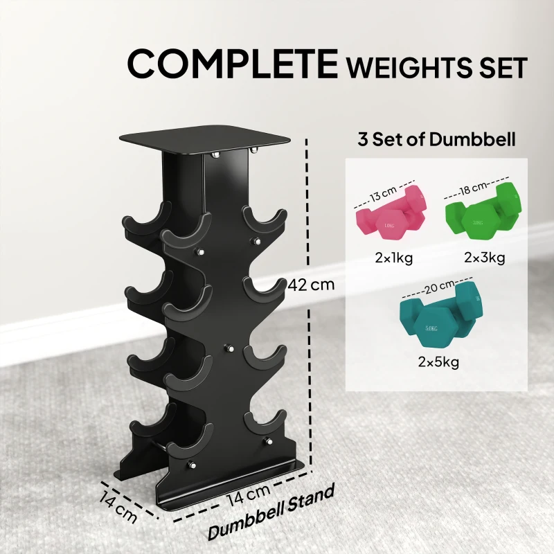 SPORTNOW Hex Dumbbells Set with Dumbbell Rack, Non Slip Hand Weights for Home Gym Strength Training, 2 x 1kg, 2 x 3kg, 2 x 5kg
