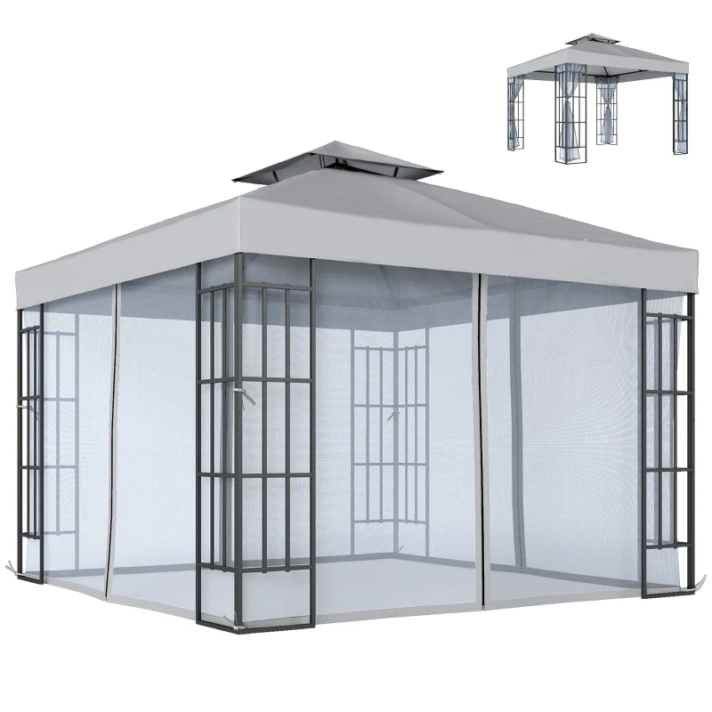 Outsunny 3 x 3(m) Patio Gazebo Canopy Garden Pavilion Tent Shelter with 2 Tier Roof and Mosquito Netting, Light Grey