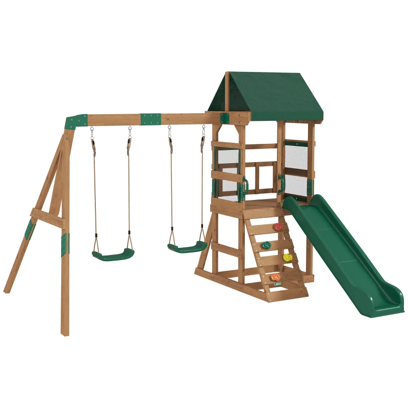 AIYAPLAY Aire de Jeux portique en Bois avec 2 balançoires et Toboggan, Mur d'Escalade et Terrasse Couverte, pour 3 à 8 Ans
