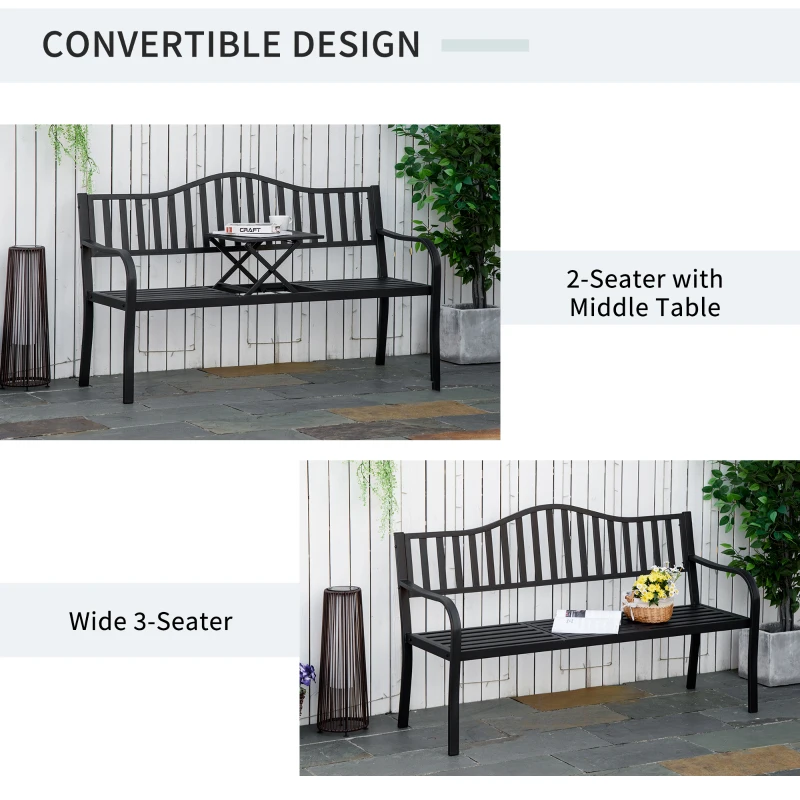 Outsunny Metal Outdoor Bench with Liftable Middle Table, Patio Loveseat, Garden Bench for Garden, Porch, Seats 2–3 People, Black
