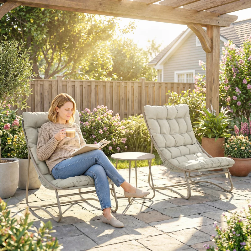 Outsunny 3 Piece Garden Bistro Set, Round Outdoor Bistro Table and Chairs Set for 2 with Texteline Seat and Cushions, Light Grey