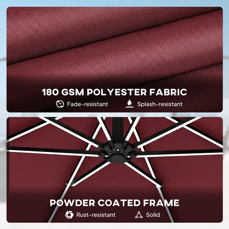 Outsunny 3 m Garden Cantilever Parasol with LED Solar Light, Round Overhanging Umbrella with 360° Rotation, Cover, Wine Red