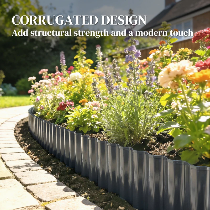 Outsunny Metal Garden Edging Border, 8 in x 21.3 ft Corrugated Heavy Duty Galvanised Steel Lawn Edging, Dark Grey