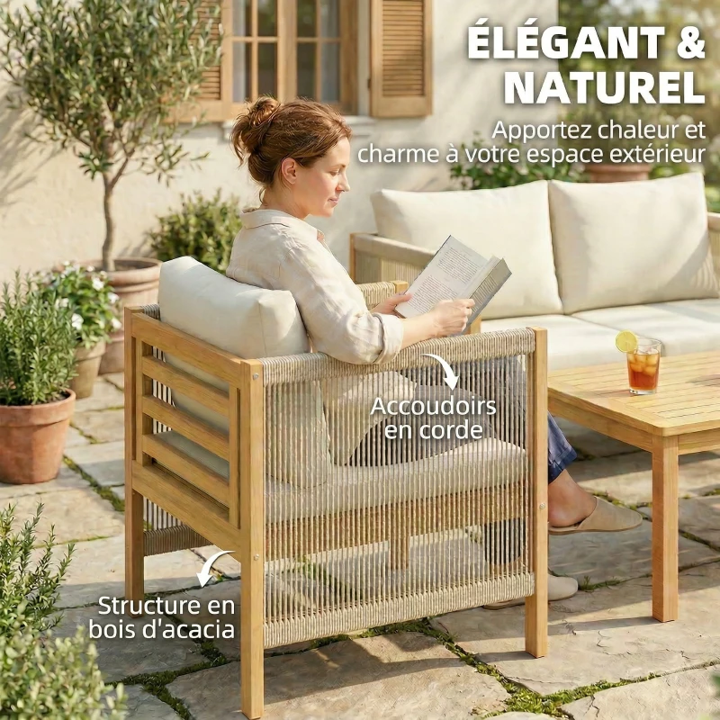 Outsunny Salon de Jardin Ensemble de Mobilier 4 Pièces en Bois d'Acacia Coussins Déhoussables et Corde Tressée Naturel
