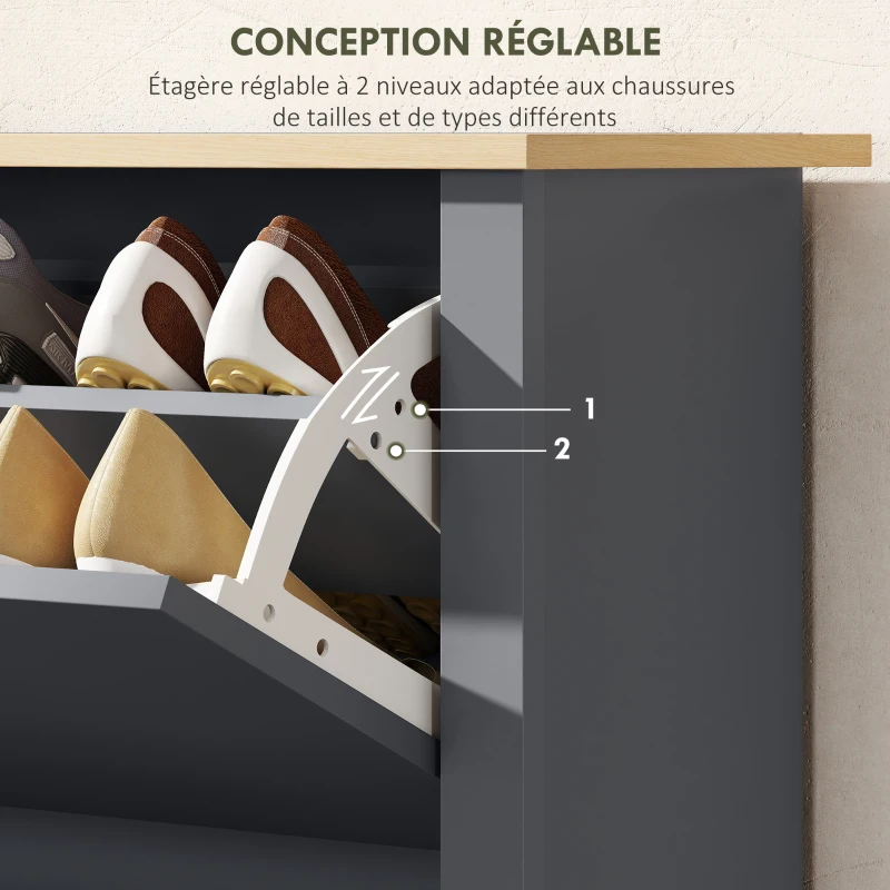 HOMCOM Meuble à chaussures 12 paires, armoire à chaussures étroite avec 2 tiroirs rabattables et étagères réglables, gris foncé