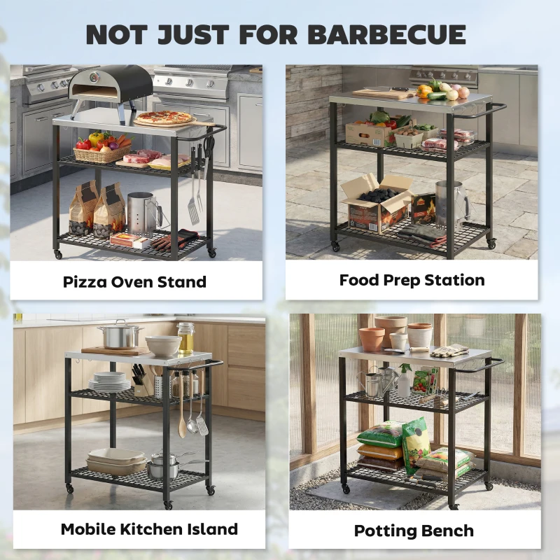 Outsunny Outdoor Grill Cart with Stainless Steel Tabletop, 3-Tier Pizza Oven Stand with 2 Shelves, 6 Hooks, Wheels, Black