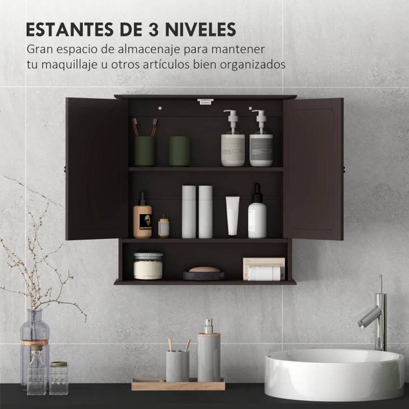 kleankin Armario de Baño con Espejo Armario de Pared con 2 Puertas Estante Abierto Estante Ajustable 56x13x58cm Marrón Oscuro