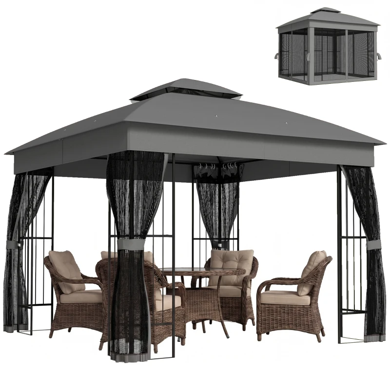 Outsunny 3 x 3 m Outdoor Garden Gazebo with Post Shelves, UPF50+ Double Roof Patio Permanent Pavilion, Grey
