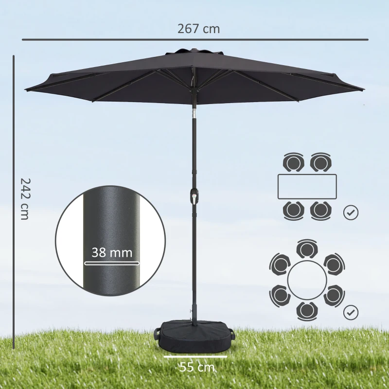 Outsunny 2.7 m Garden Parasol Umbrella with Cross Base and Sandbag, Retractable Ribs, Outdoor Table Market Umbrella, Black