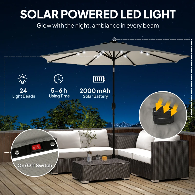 Outsunny 2.6 m Garden Parasol Umbrella with LED Solar Light, Parasol Cover, Outdoor Market Patio Umbrella, Light Grey