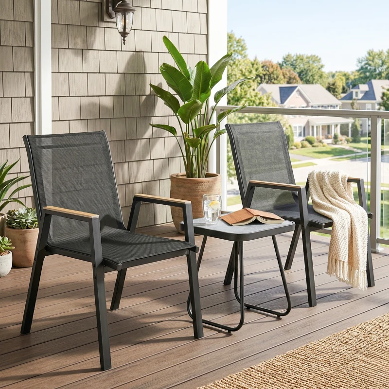 Outsunny Balkonmöbel Set 3 teilig Gartenmöbel Set mit Tisch 2 Stühle Atmungsaktiv Sitz Holzmaserung Schwarz
