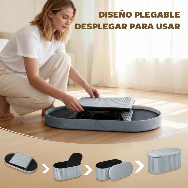 HOMCOM Puff Almacenaje Banco Almacenaje Plegable 72 L 76x38x35 cm Tapizado en Terciopelo Baúl de Almacenamiento Gris Oscuro