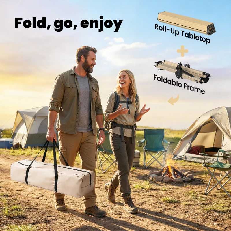 Outsunny 4ft Folding Camping Table, Waterproof Picnic Table with Roll Up Top and Metal Frame, Dark Brown