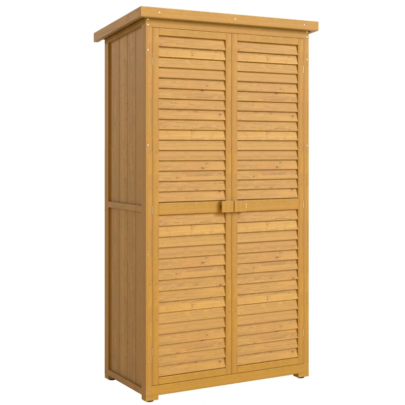 Outsunny Armoire de jardin remise pour outils en bois 2 étagères toit bitumé portes persiennes 87 x 47 x 160 naturel
