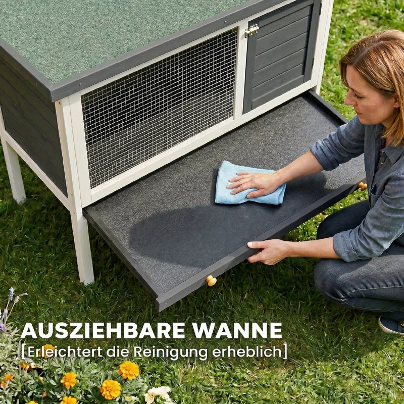 PawHut Hasenstall erhöhter Kaninchenstall aus Holz mit aufklappbar Bitumendach herausziehbarer Schublade 90x45x65 cm Grau