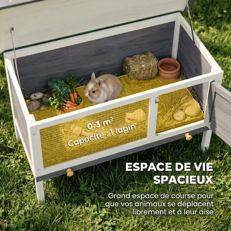 PawHut Clapier Lapin Extérieur en Bois, avec Toit Ouvrable en Asphalt et Plateau Coulissant, Design Surélevé, 90x45x65cm, Gris