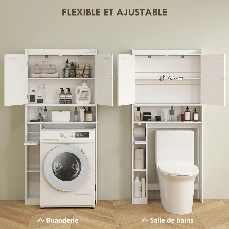 HOMCOM Meuble WC dessus de toilette ou machine à laver, 2 portes, 3 compartiments, porte-papier toilette, 80x19,5x170cm, blanc