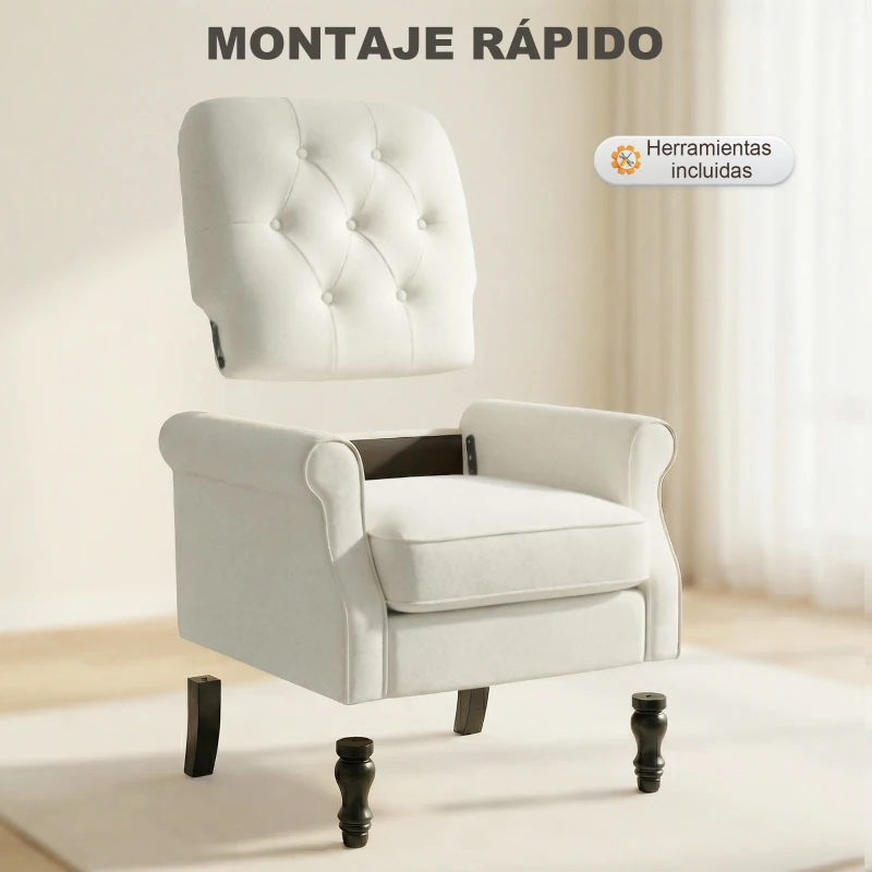 HOMCOM Sofá Individual Tapizado en Lino Asiento Acolchado Grueso Respaldo Capitoné Patas de Madera Maciza Crema