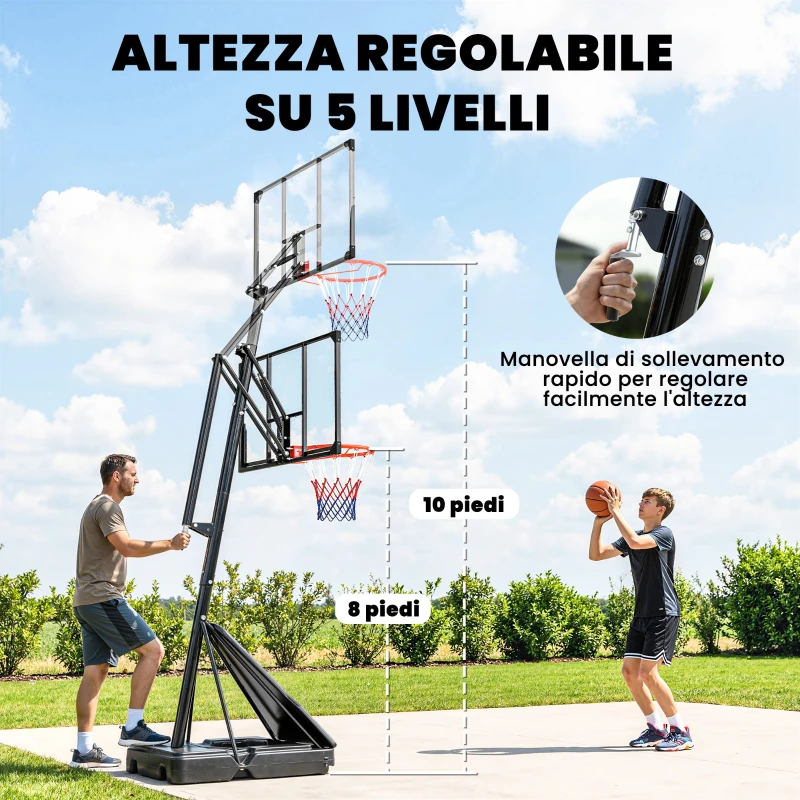 SPORTNOW Canestro da Basket Portatile per Esterni, Regolabile 2,45-3,05 m, Tabellone Infrangibile, Regolazione a Manovella