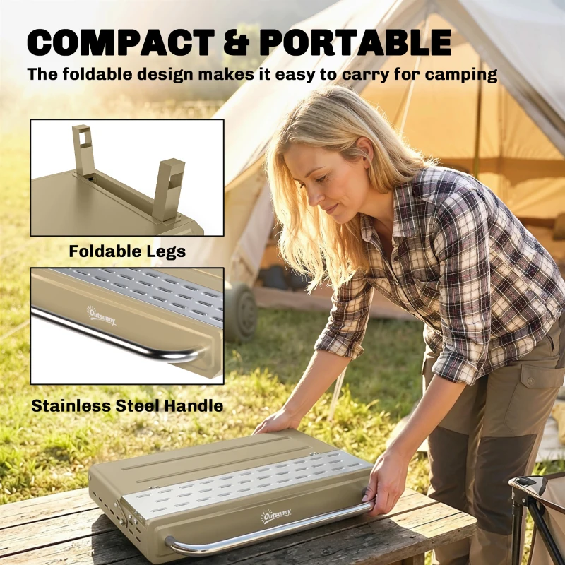 Outsunny Portable BBQ Grill, Charcoal Barbecue Grill with Adjustable Grates, Foldable Legs, Side Shelf for Camping Travel, Khaki