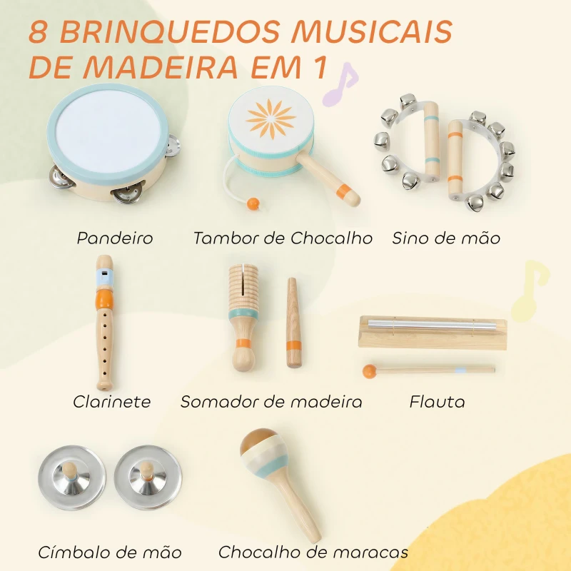 AIYAPLAY Instrumentos Musicais Infantis 10 Peças Brinquedos Musicais de Madeira Montessori Conjunto de Percussão Multicolorido