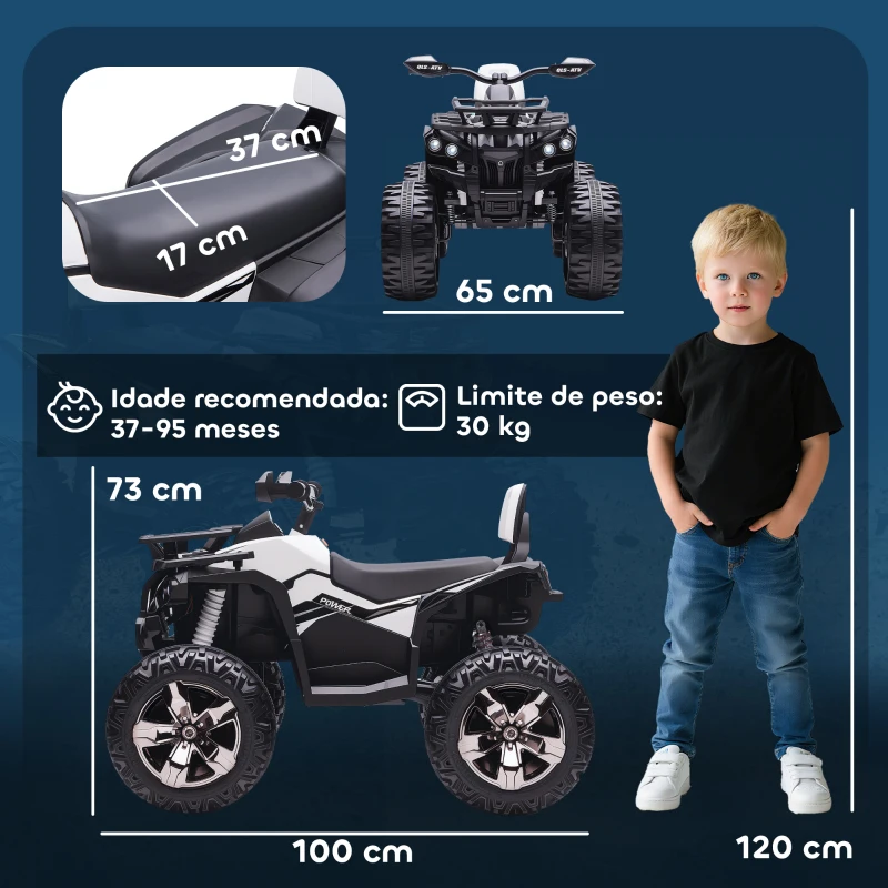 HOMCOM Quadriciclo Elétrico 12V para Crianças com Farol Música Pneus de Suspensão Botões Avance e Retrocesso 100x65x73cm Branco