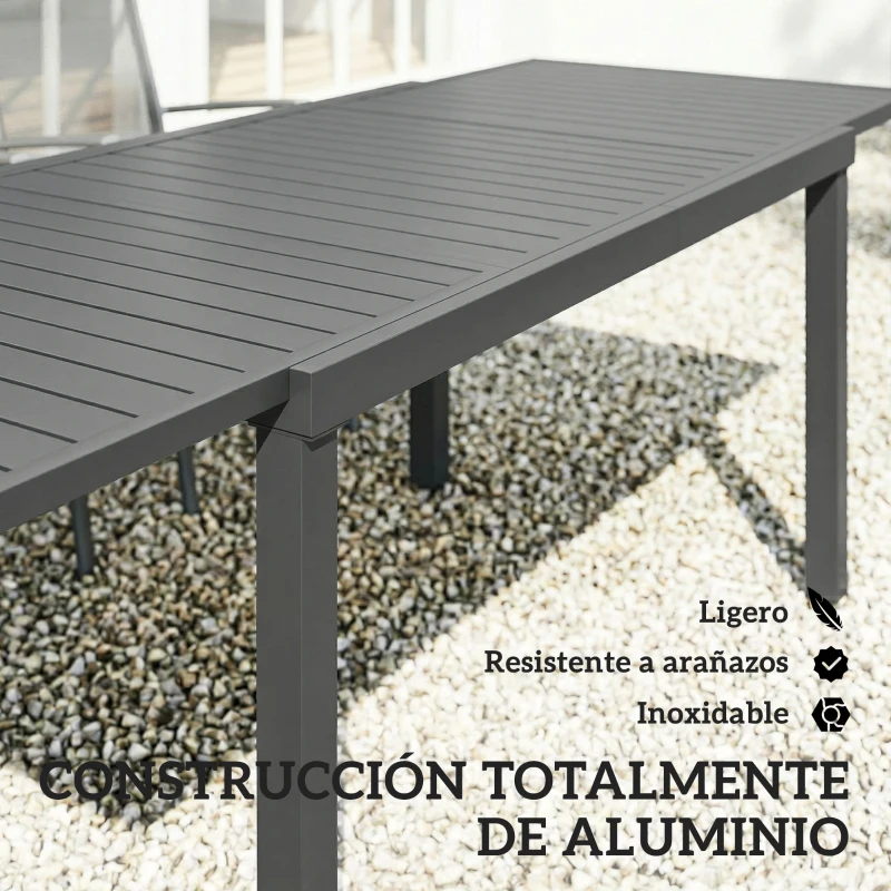 Outsunny Mesa de Jardín Extensible 150/225x85x75 cm Mesa de Comedor de Aluminio con Tablero de Listones para 6-8 Personas Gris