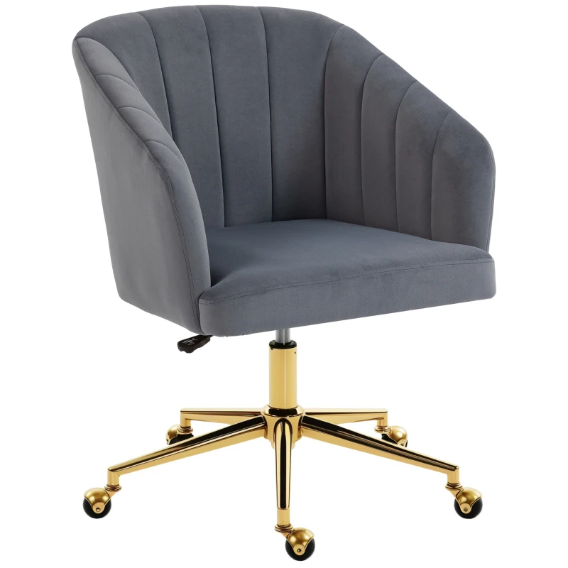 HOMCOM Silla de Oficina con Ruedas de Terciopelo con Respaldo Acolchado Altura Ajustable Espuma Alta Resiliencia Gris