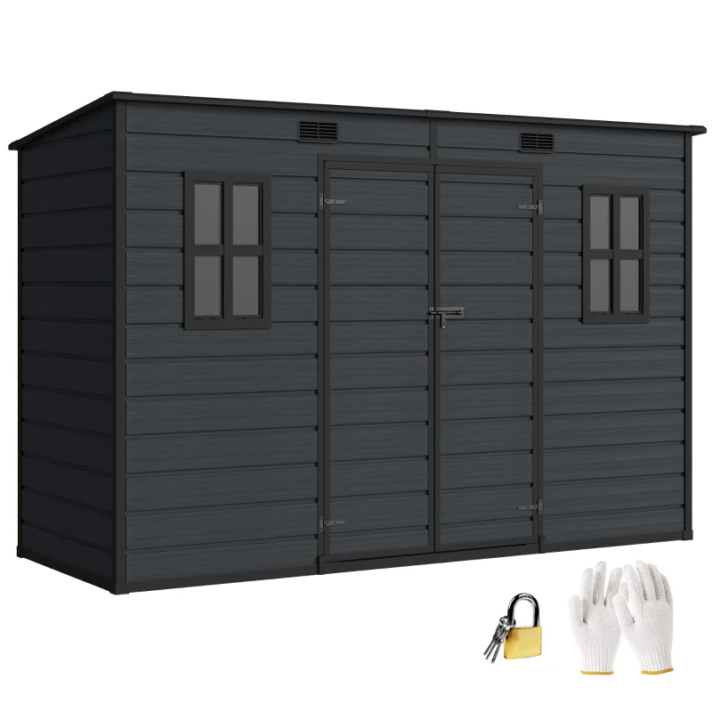 Outsunny 10 x 4 ft Resin Garden Shed, Outdoor Storage Shed with Floor, Windows, Lockable Doors and Vents, Dark Grey