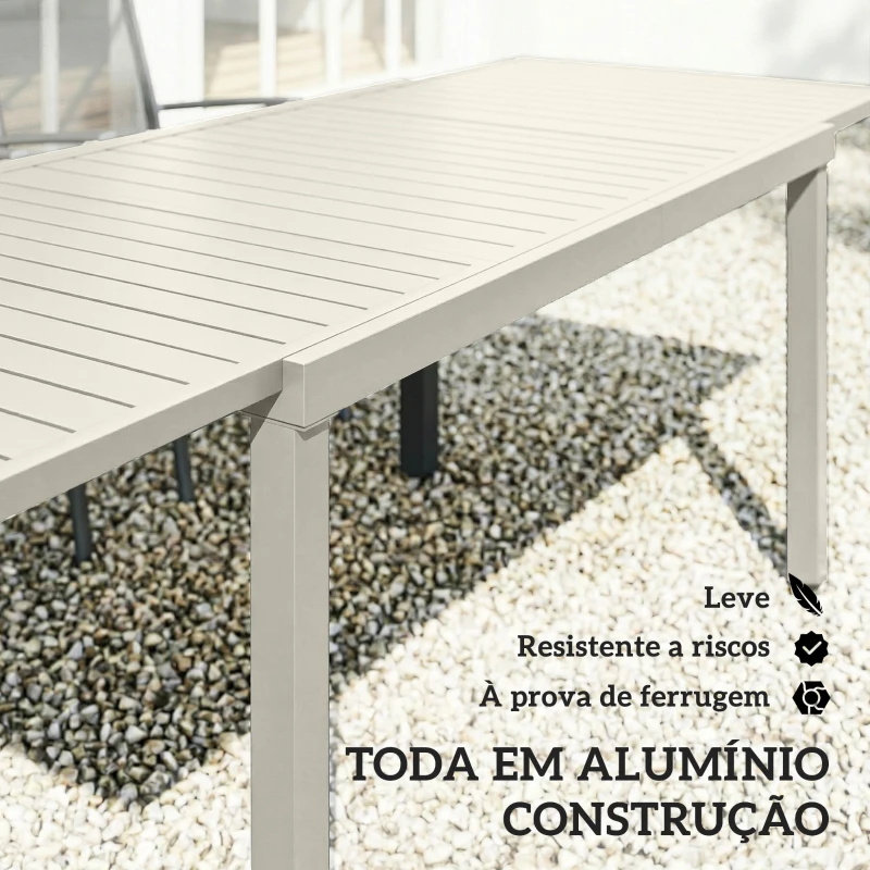 Outsunny Mesa de Jardim Extensível 150/225x85x75 cm Mesa de Jantar em Alumínio com Tampo de Ripas para 6-8 Pessoas Branco