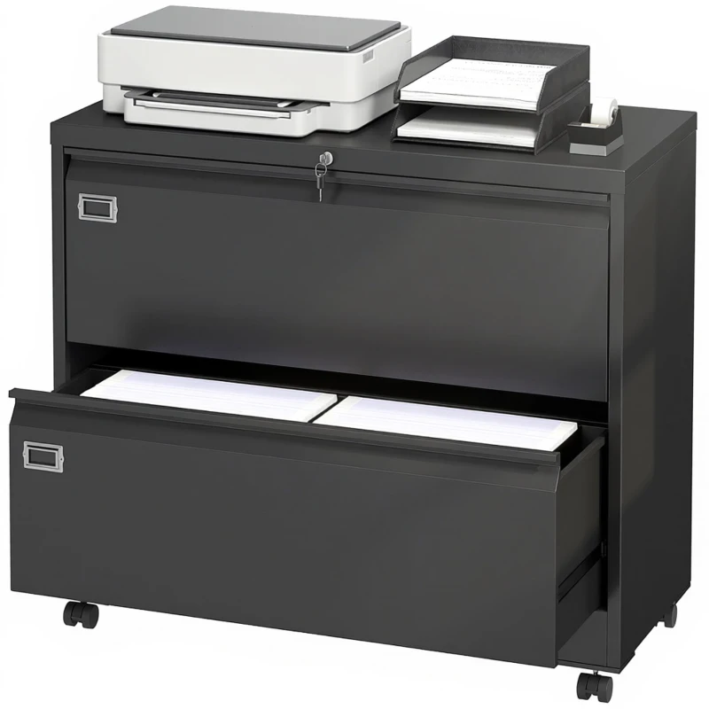 HOMCOM Rollcontainer mit 2 Schubladen abschließbar Aktenschrank mit verstellbarem Hängeregistratur 90 x 40 x 77,4 cm Schwarz