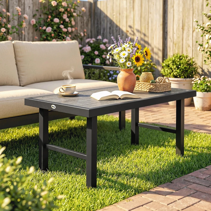 Outsunny Metal Garden Coffee Table, Outdoor Side Table with SPC Woodgrain Tabletop for Outside, 100 x 52 x 46cm, Dark Grey