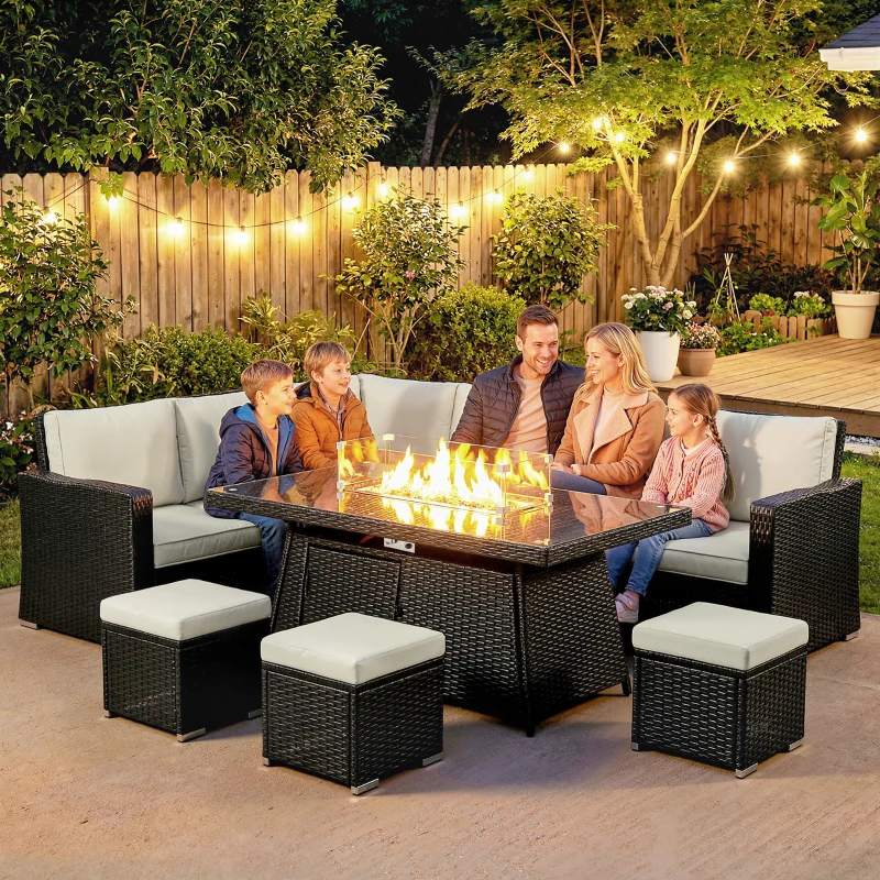 Outsunny 7 Pieces PE Rattan Garden Furniture Set, 50,000 BTU Gas Fire Pit Table, Double Corner Sofa and 3 Footstools