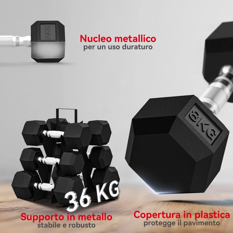 SPORTNOW Set di Manubri Palestra con Supporto in Metallo con Impugnatura Antiscivolo, 2x4kg, 2x6kg, 2x8kg, Nero