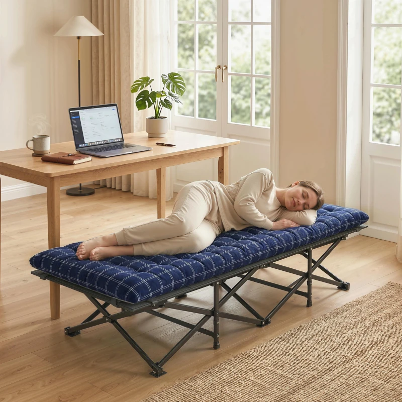 Outsunny Camping Cot with Soft Pad, 80cm Extra Wide Folding Cots with Side Pocket and Carry Bag, Blue