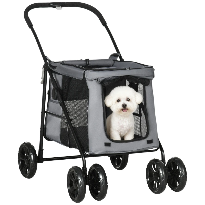 PawHut Dog Pram Dog Stroller 4 Wheels Pet Pushchair with Rolling Door, Cushion, Safety Leashes, for Small and Medium Dogs, Grey